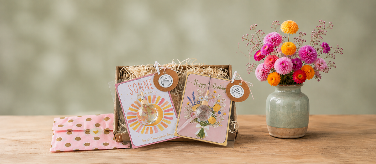 Sonnenfänger mit Karte als Geschenk für Geburtstage verpackt mit Vase