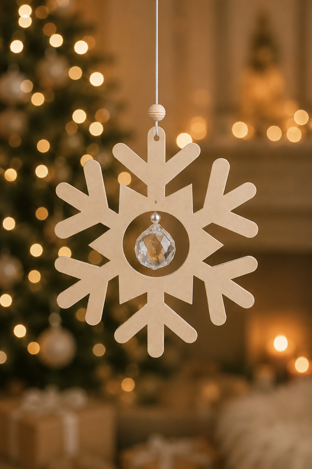 Sonnenfänger in Form eines Schneekristalls als Geschenkidee für Weihnachten vor dem Christbaum