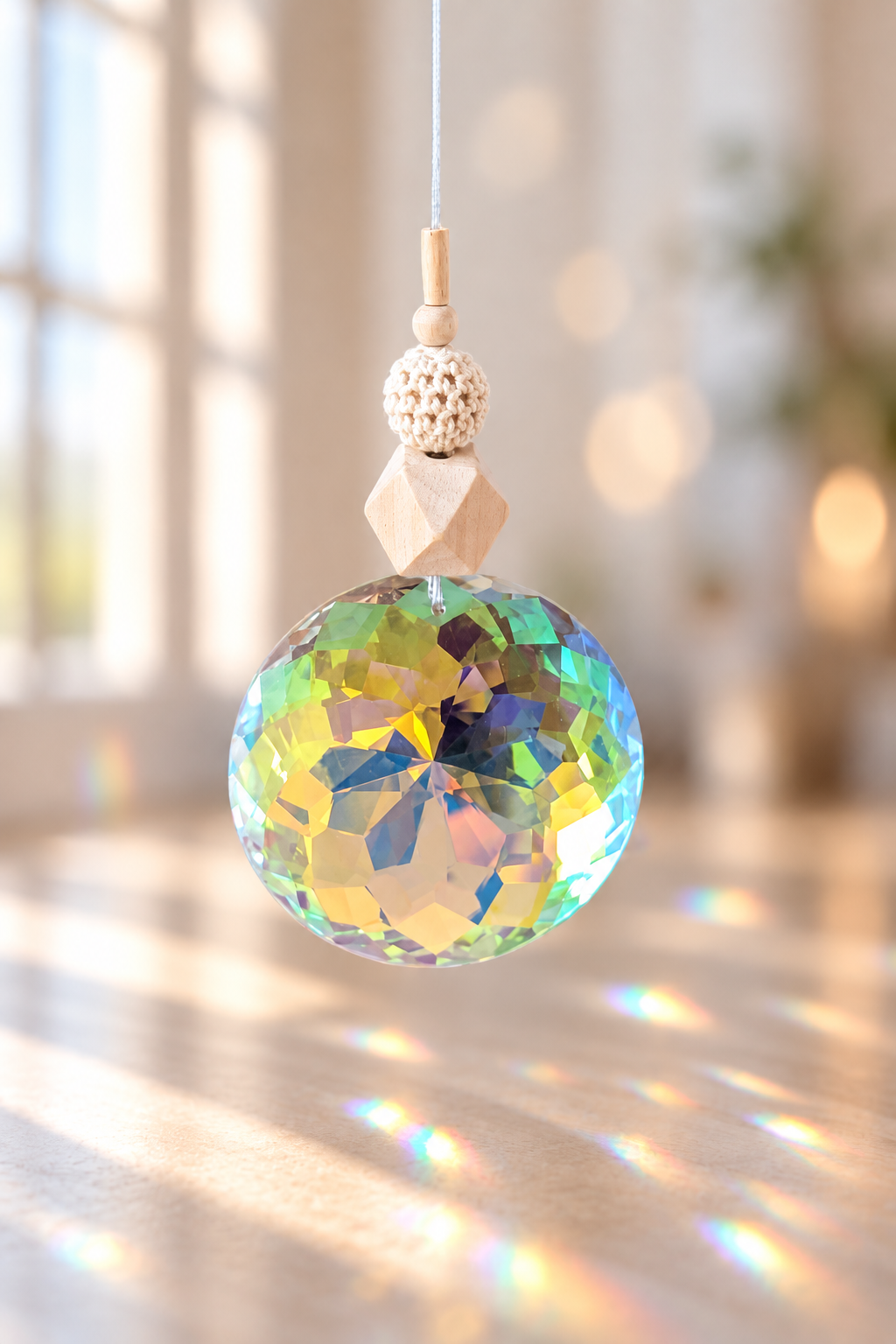 Regenbogeneffekt, Fensterdeko aus Glas und Holz am Boden